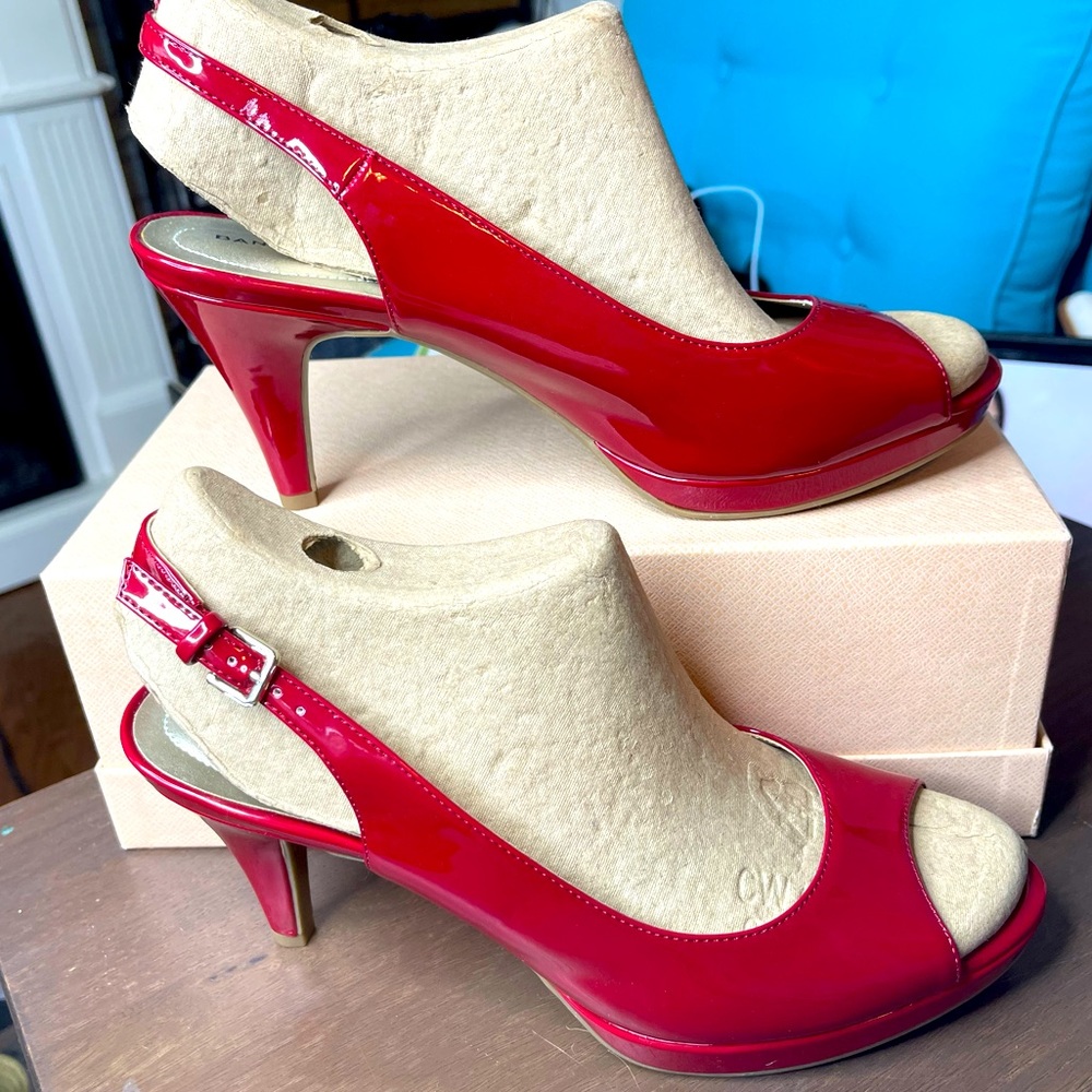 Red Patent Leather Peeptoe Slingback Heels